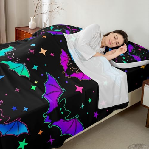 Halloween Bat Bedding Set Full Size Multi 10 - Kids Galaxy Bed Sheets with Glitter Stars