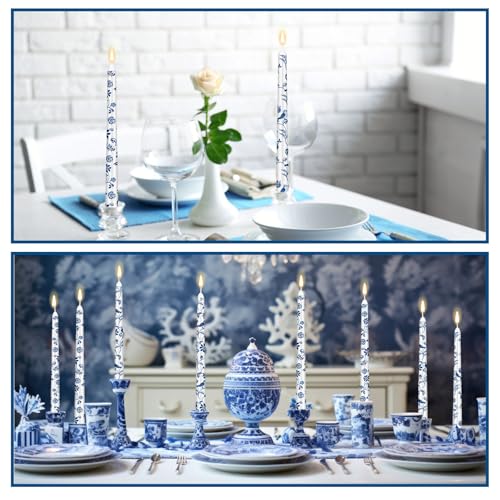 Blue White Elegant Taper Candles 12 Pack - Chinoiserie Floral 10 Inch Decor