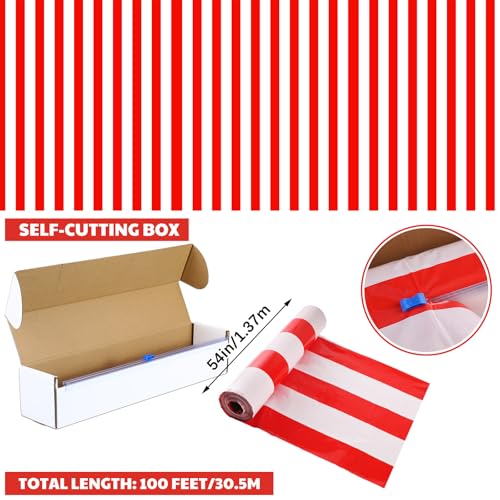 54 Inch x 100 ft Red and White Striped Disposable Tablecloth Roll with Cutter