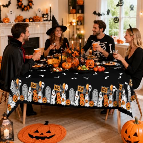 Disposable Halloween Tablecloth Set - Black Ghost Pumpkin Pattern, 8 Pack