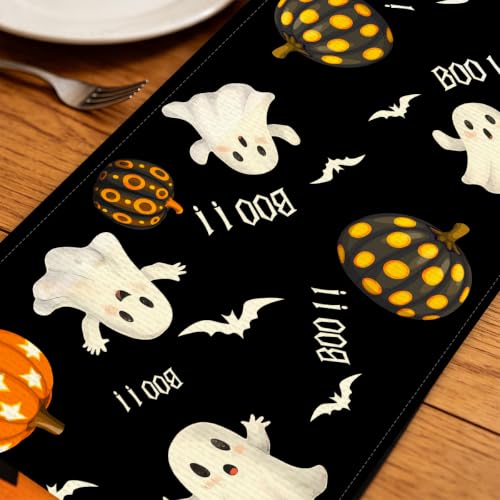 Halloween Ghost Pumpkin Linen Table Runner 13x72 Inches for Dining Table - Cute Halloween Ghost Variation