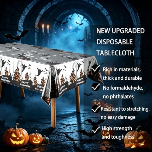 White Halloween Disposable Tablecloth 54x72 Inch with Castle & Ghost Pattern - 2 Pack