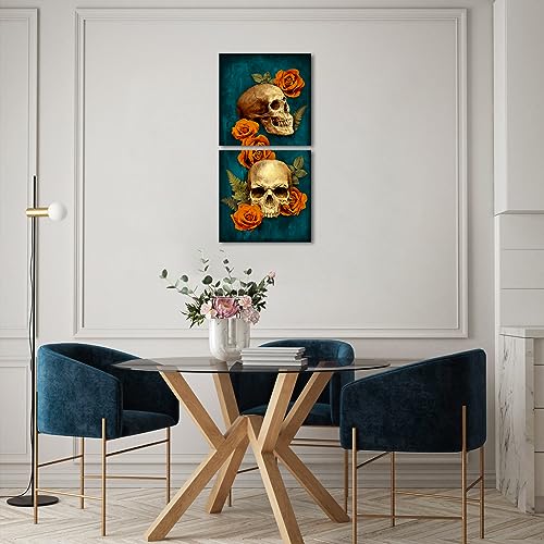 Gothic Skull Wall Art Set - 2 Canvas Prints with Roses for Home Decor