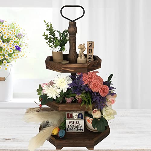 Wooden 3-Tier Rustic Black Serving Tray Farmhouse Cupcake Stand & Kitchen Organizer