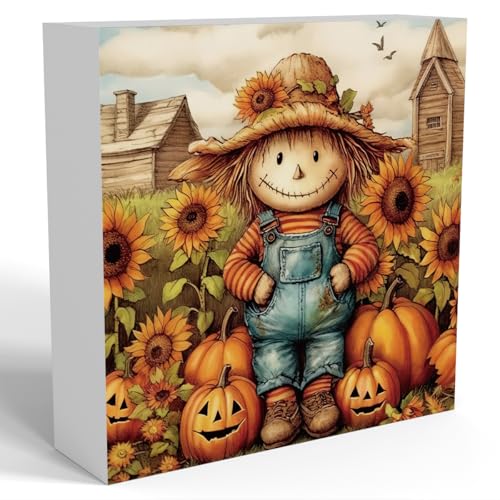 Fall Decor Pumpkin Scarecrow Wooden Box Sign - Autumn Harvest Rustic Home Accent