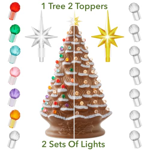 Brown Hand Painted Ceramic Christmas Tree - 18 Inch Pre-Lit Holiday Decor with Multi Color Lights & Star Toppers