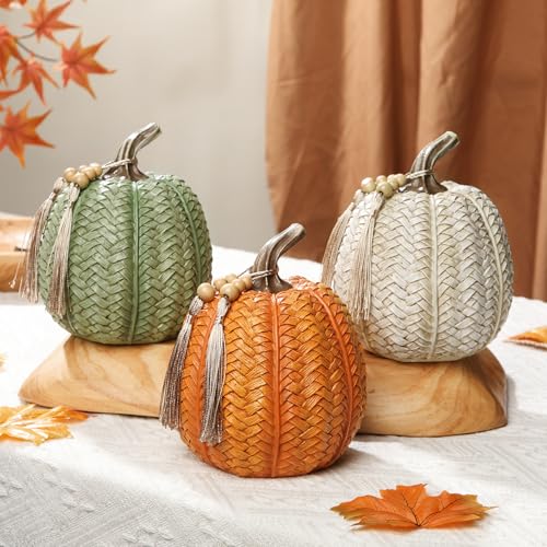 Fall Pumpkin Decor Set - 3 Pack Woven Resin Oranges, Whites & Greens for Autumn Thanksgiving Halloween