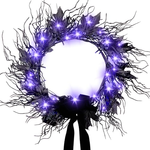 Black 16-Inch LED Halloween Wreath with Battery Timer - Spooky Decor