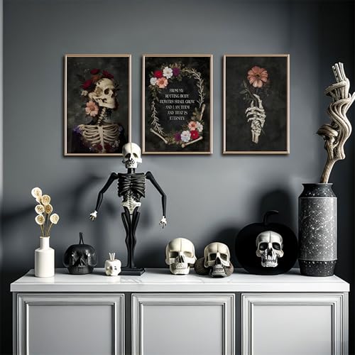 Black Gothic Skull Canvas Wall Art - Romantic Moody Flowers Poster for Bedroom & Halloween Decor - 16x24in
