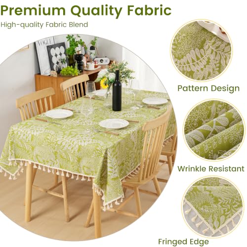 Dimatic Green Botanical Leaf Tablecloth - 55x71 Inch Rectangular Boho Cotton Linen with Tassels