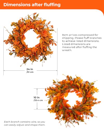 Fall Wreath for Front Door 24 Inch Autumn Leaves Pumpkin Outdoor - Orange