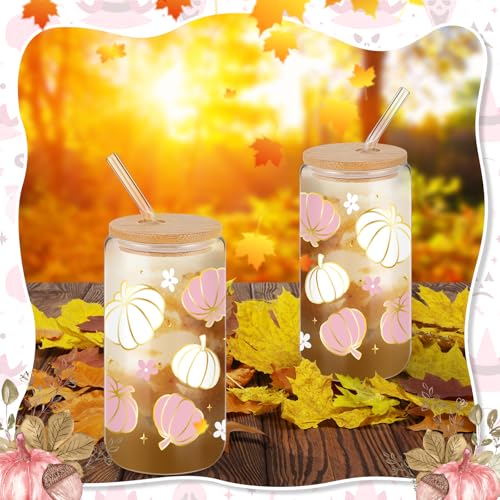 Pink Pumpkin Glass Cups with Lids & Straws - 16oz Fall Drinkware - Set of 6 - Variation of Pink Pumpkin