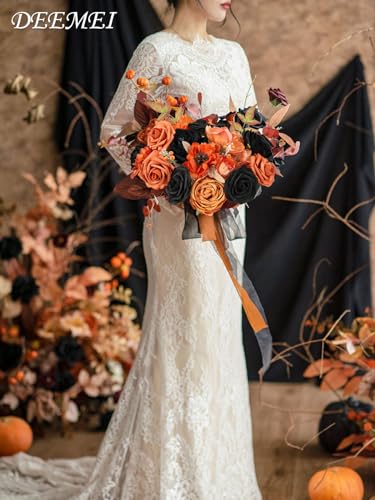 Artificial Flowers Orange Black Combo Set for Wedding Bridal Halloween Decor - 24 Pieces