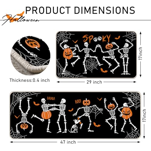 Halloween Gothic Skeleton Kitchen Rugs Set of 2 - Spooky Jack O Lantern & Bat Floor Mats - Skeleton Variation