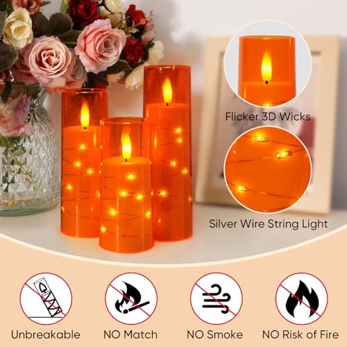 Raycare 9 Pcs Orange Flameless Candles with Remote Timer & Fairy Lights