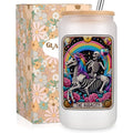 16oz Frosted Glass Coffee Cup with Lid & Straw - Cute Gothic Skeleton Design
