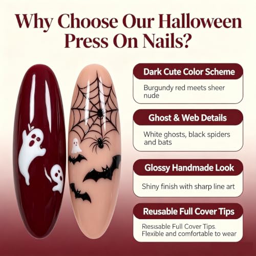 Halloween Press On Nails Medium Almond Burgundy Gradient Ghost Spider Web 30- - MJJNTTN