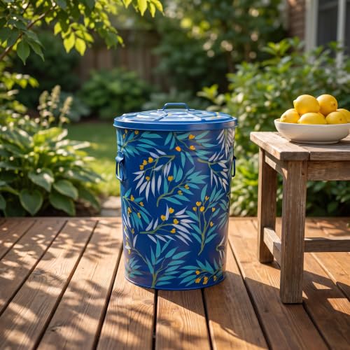 Hand Painted Metal Trash Can with Lid - Blue Flower Design, 10 Gallons
