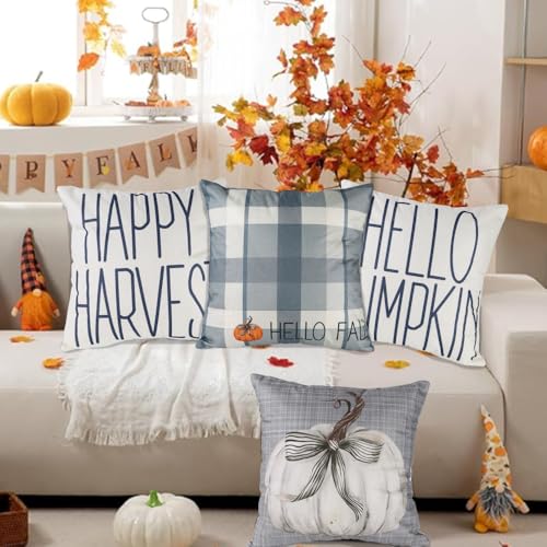 Blue Fall Pillow Covers Set - 18x18in Gray & Blue Buffalo Plaid Farmhouse Decor - Bule