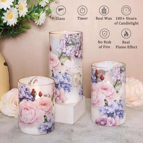 Hydrangea Rose Flameless Candles with Remote & Timer - Real Wax Glass Set of 3