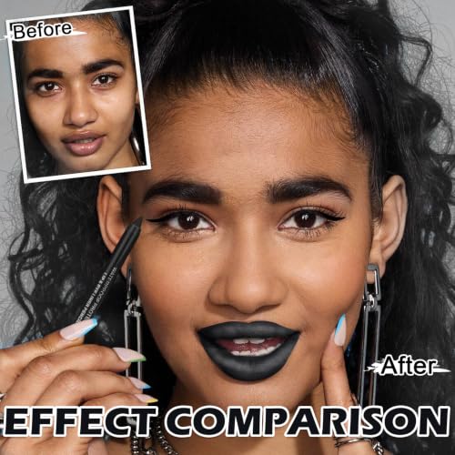 Black Lipstick and Lip Liner Set with Pearlescent Lip Gloss for Halloween and Gothic Makeup