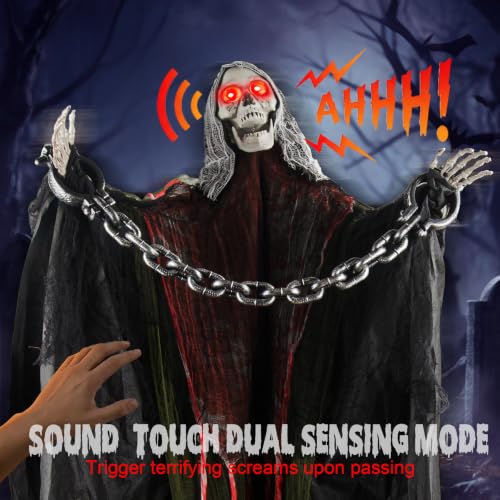 Red Halloween Skeleton with LED Red Glowing Eyes, Sound & Motion Activated, Swaying Body, Adjustable Arms, Yard & Indoor Decor