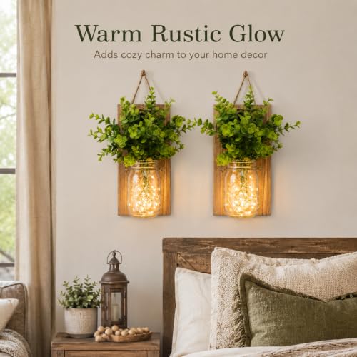 2-Pack Rustic Mason Jar Wall Sconces with LED Fairy Lights & Green Plants