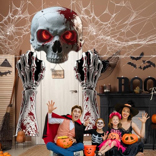 Halloween Skull Door Banner Set with Bloody Skeleton Garlands - Gothic Porch Decorations for Haunted House & Party