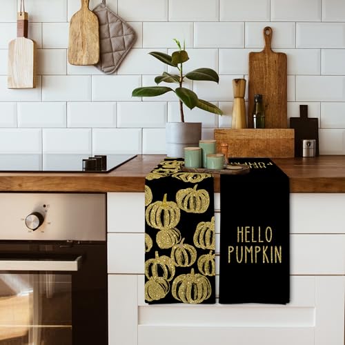 Fall Hello Pumpkin Black Kitchen Towels Set - Gold Pumpkin Decor, 16x24 Inch