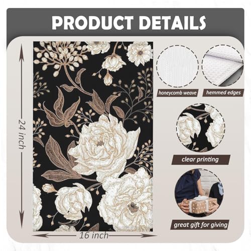 Decorative Floral Kitchen Towels Set - Black White Gold Peony 16x24 Inch