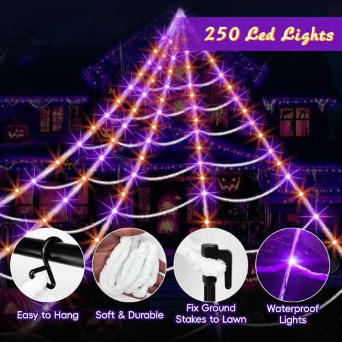 Halloween Spider Web Lights with 250 LEDs, 8 Modes Waterproof Outdoor Decoration