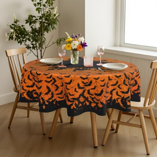 Halloween Bat Round Tablecloth 60 Inch Orange Black Spooky Spatter Design - Washable & Reusable