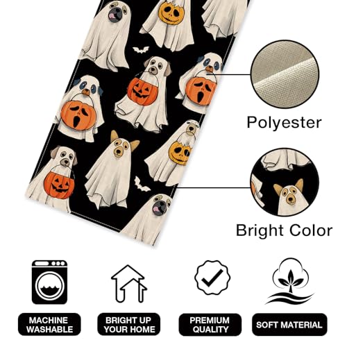 Halloween Ghost Dog Table Runner 13x48 Inch - Spooky Jack O Lantern Decor Variation