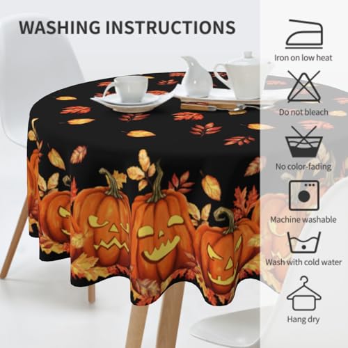 Halloween Round Tablecloth 60 Inch Spooky Pumpkin Leaves Water-Resistant Decor