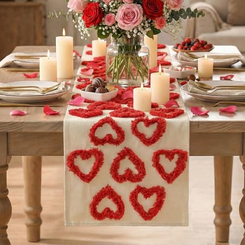 Red Plush Heart Valentines Table Runner 13x36 Inch - Home Decor