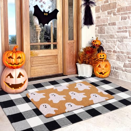 Halloween Ghost Welcome Doormat with Black and White Buffalo Plaid Set - Non-Slip Indoor Outdoor Decor
