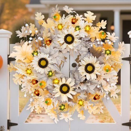 Fall Wreath with Lights 26 Inch Autumn Decor for Front Door & Home