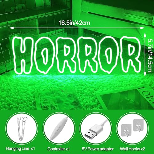 Green Horror Neon Sign - Dimmable LED Wall Light for Halloween & Gothic Decor - 16.5x5.7 Inches