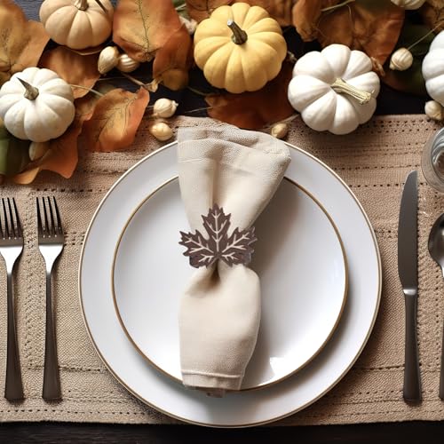 12 Pcs Wooden Fall Napkin Rings with Maple Leaf Design - Thanksgiving Table Decor
