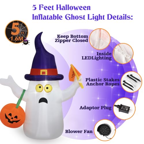Halloween Inflatable Ghost with Pumpkin, Lights & Witch Hat - 5Ft Outdoor Yard Decor