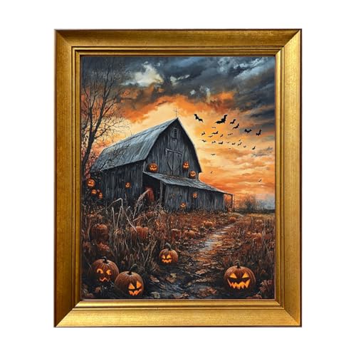 Haunted Barn Halloween Wall Art - Gothic Canvas Print with Sunset Sky - 16x20in Ready to Hang - Variation: Haunted Barn Scene with Sunset