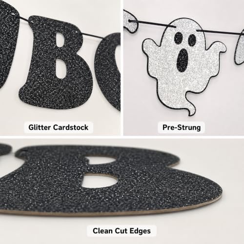 Halloween Banner with Ghost Garland - Black Glitter 'Hey Boo' Party Decor