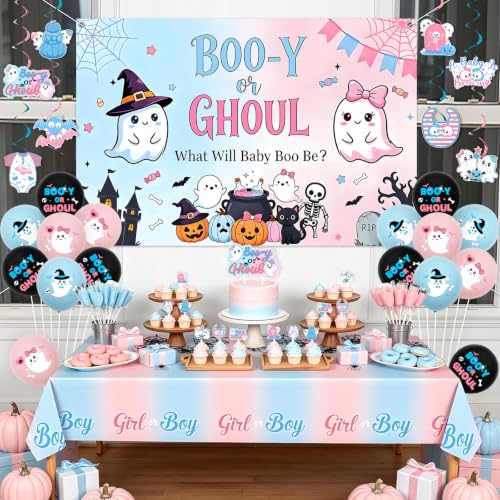 Halloween Gender Reveal Decorations Set with Backdrop Banner Swirls and Tablecloth - Pink & Blue Baby Shower Supplies