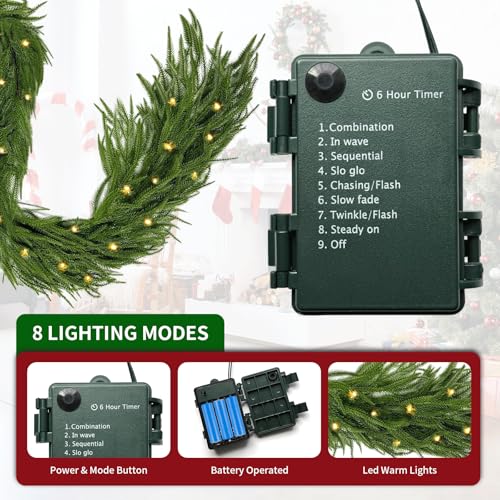 6.6 FT Artificial Norfolk Pine Garland with Built-in LED Lights for Indoor Outdoor Christmas Decor