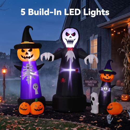 Large Outdoor Halloween Inflatable Decor with LED Lights, Grim Reaper & Pumpkins - 9FT