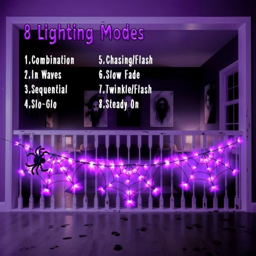 Halloween Spider Web Lights 6FT 60LED Purple with Black Spider and Timer - Indoor Outdoor Decor