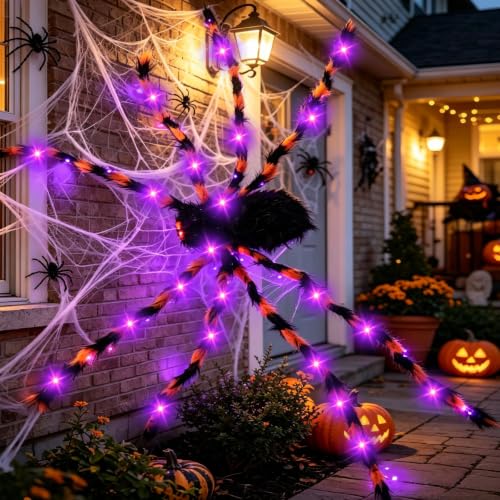 Giant Spider Halloween Decorations Set - Light-Up 4.9ft Spiders with 8 Modes, Indoor & Outdoor