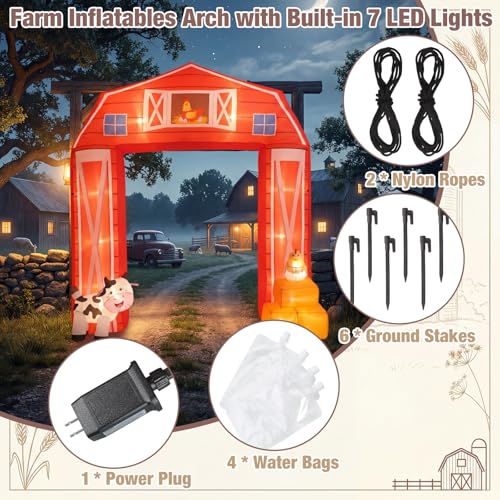 Farm Animals Inflatable Arch with LED Lights - 10ft Outdoor Party Decoration with Stakes & Water Bags - Farmhouse Theme