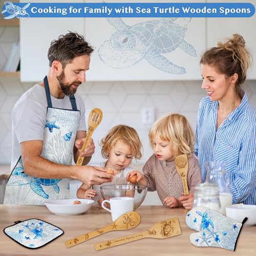 Ocean Bamboo Kitchen Utensil Set with Apron Oven Mitt & Potholder - Coastal Decor
