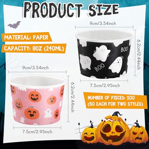 Halloween Ghost Ice Cream Cups 8 oz - Pack of 100 - Elegant Boo Pumpkin Design